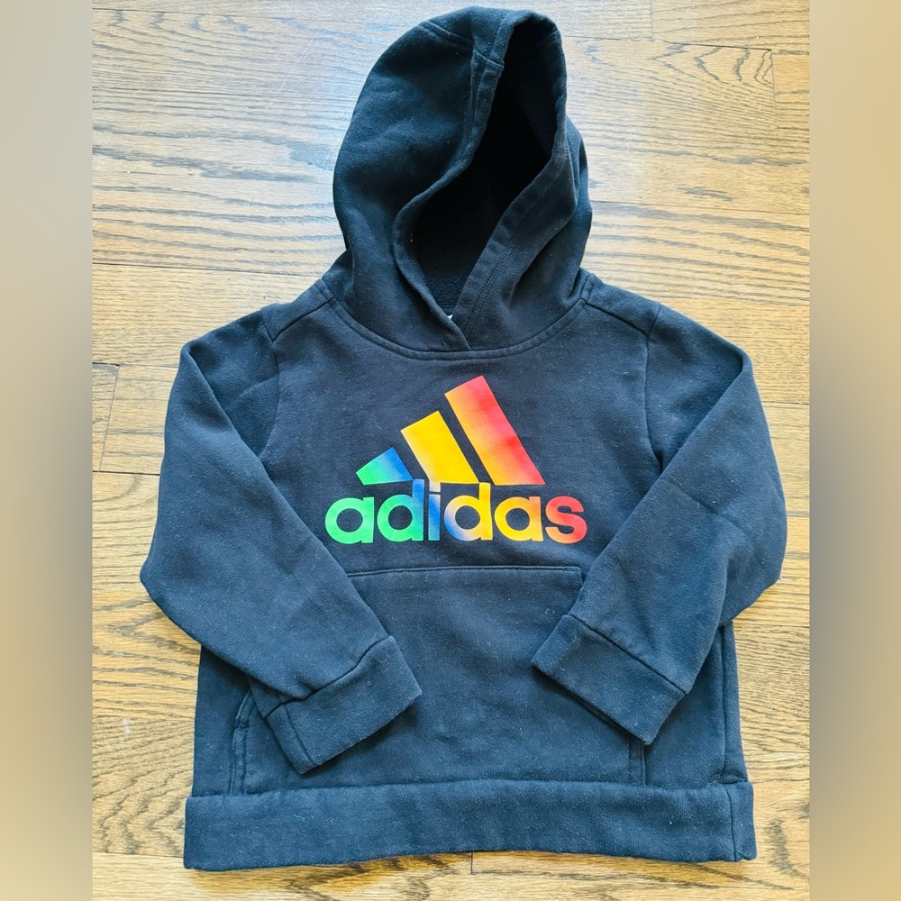 Adidas black hoodie with pouch, ombré rainbow logo, size 5
